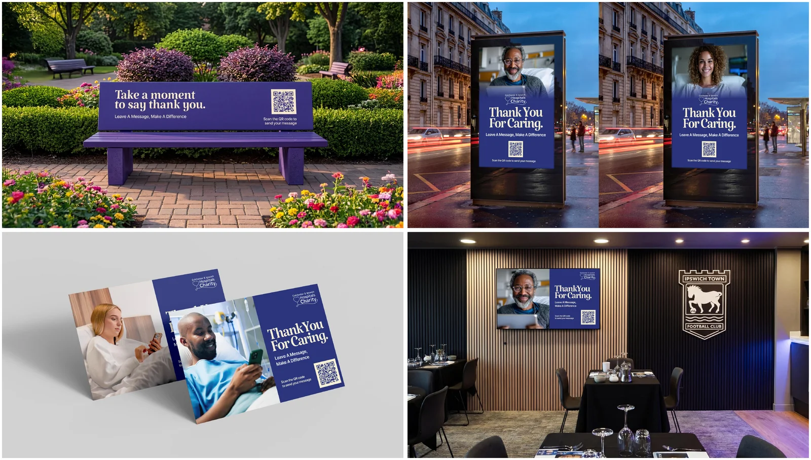 Carepoint campaign placements across a park bench, digital displays, print and a partner venue