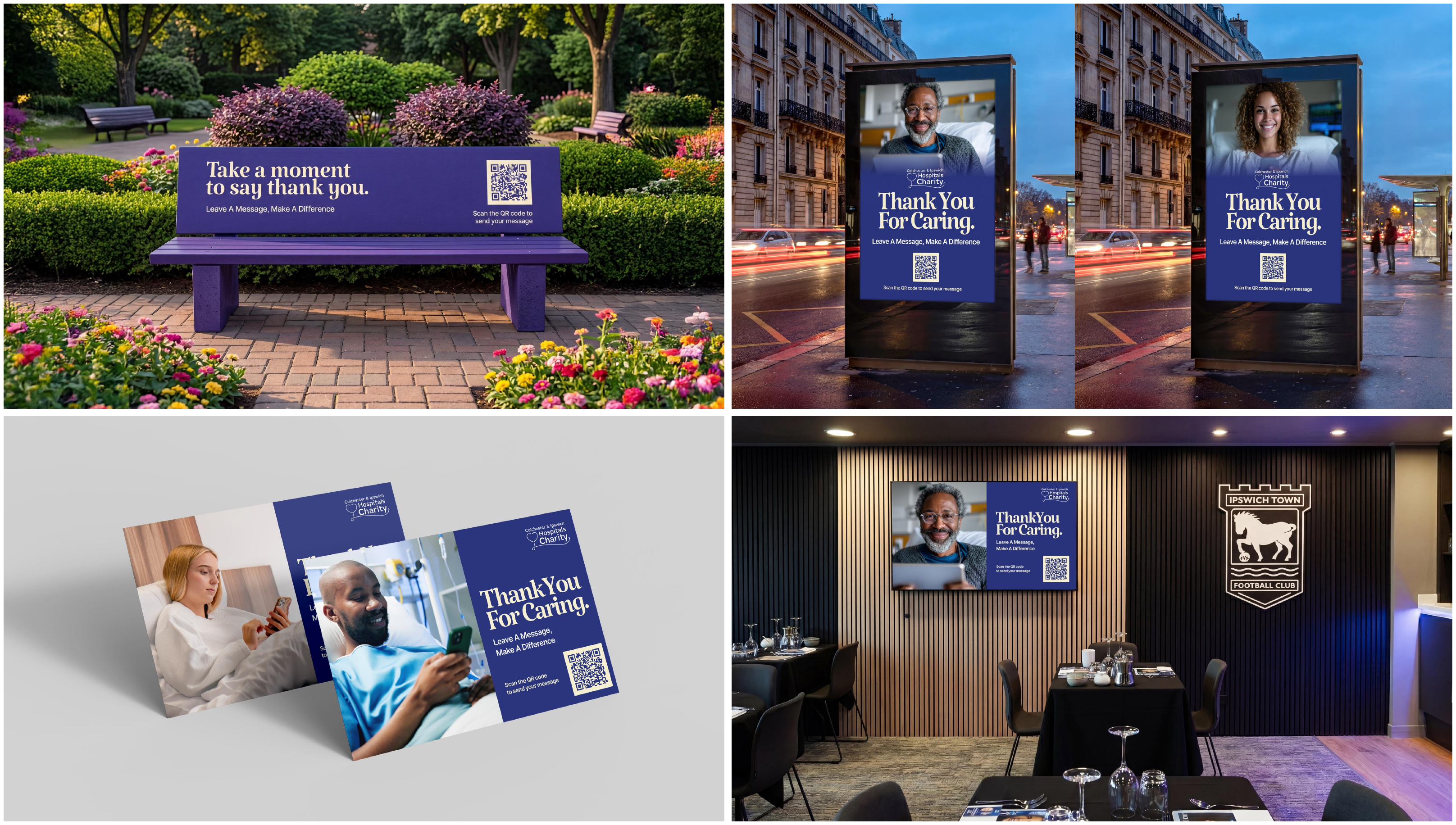 Carepoint campaign placements across a park bench, digital displays, print and a partner venue